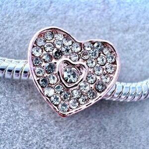 Rose Gold Pave Crystal Heart Charm Bead fits PANDORA